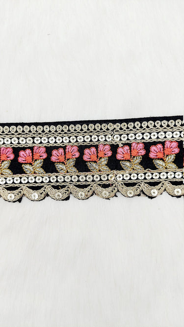 Art Silk Trim Gold Embroidered Sequins Pink Floral Trim, Decorative Trim, Indian Sari Border